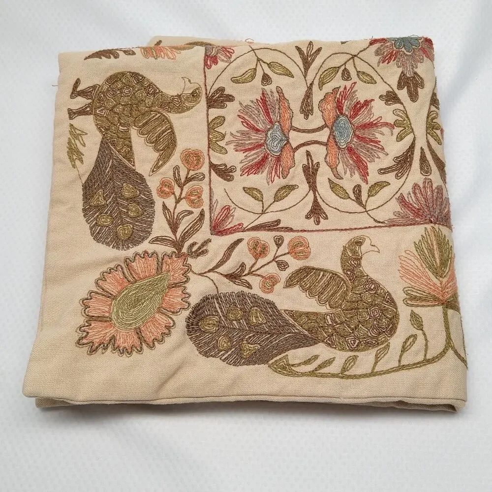 Pottery Barn Crewel Embroidered Peacock Pillow Cover Pair Linen Cotton 20x20